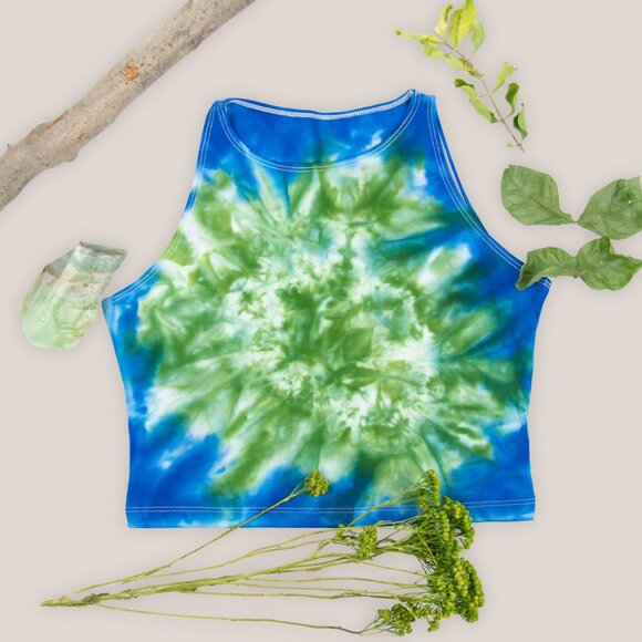 Chrysocolla Tie Dye Crop Top | Blue and Green Hand-Dyed Cotton Yoga Crop Top - Picture 2 of 4
